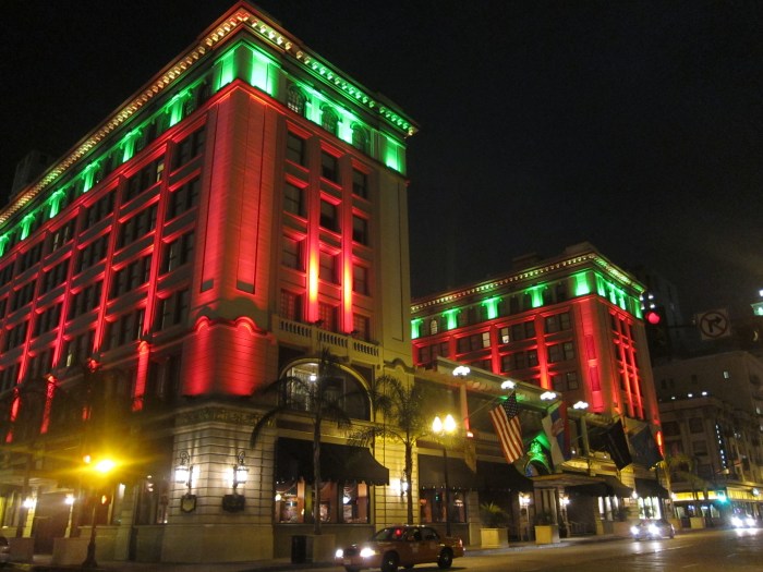 The US Grant Hotel with Christmas lighting.